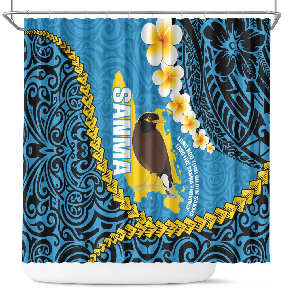 Sanma Province Shower Curtain Vanuatu Pattern Myna Bird - Plumeria Flag Color LT14 Blue - Polynesian Pride