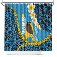 Sanma Province Shower Curtain Vanuatu Pattern Myna Bird - Plumeria Flag Color LT14 Blue - Polynesian Pride