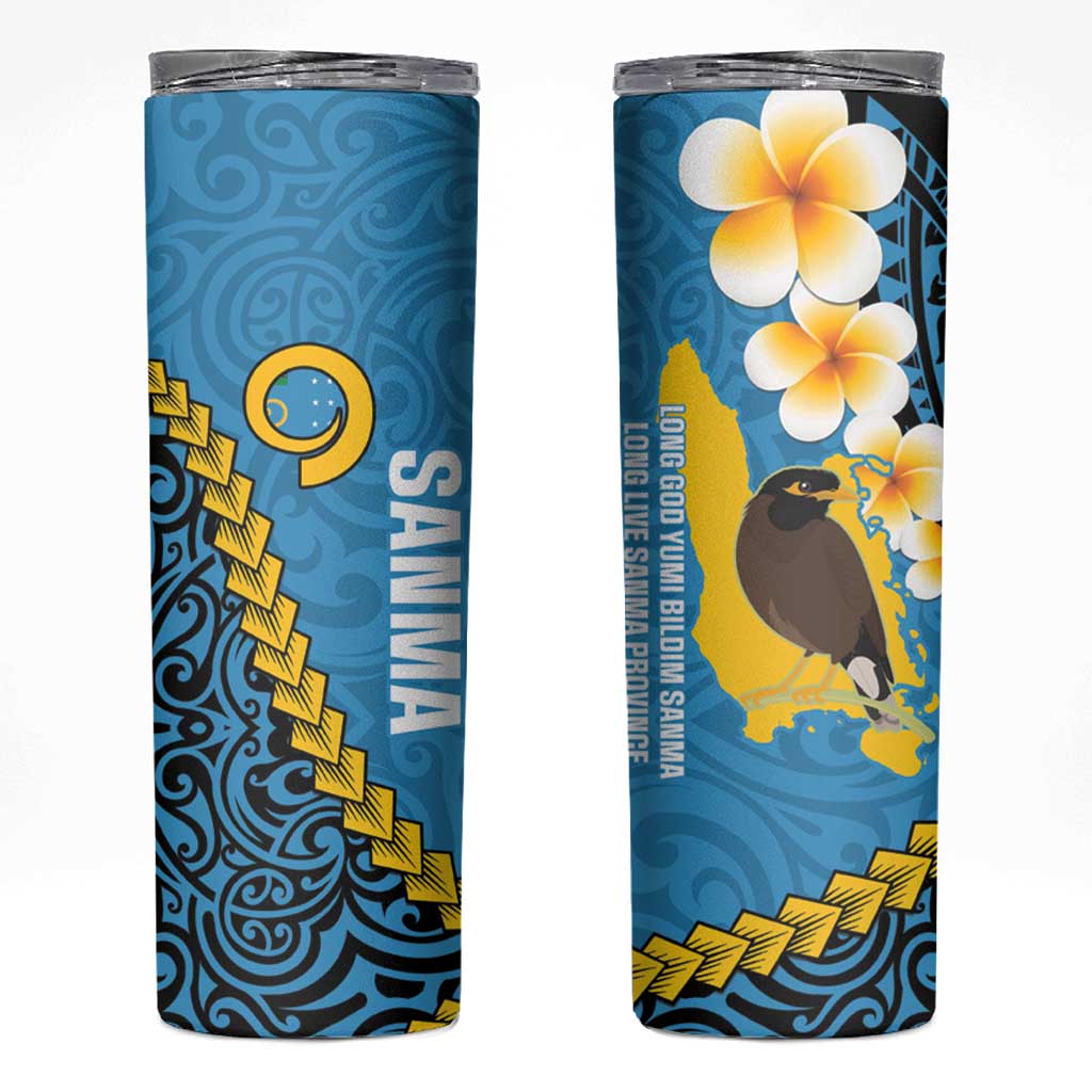 Sanma Province Skinny Tumbler Vanuatu Pattern Myna Bird With Plumeria Flag Color LT14 Blue - Polynesian Pride