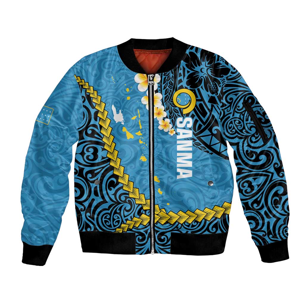 Sanma Province Sleeve Zip Bomber Jacket Vanuatu Pattern Myna Bird - Plumeria Flag Color LT14 Unisex Blue - Polynesian Pride