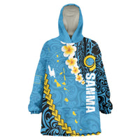 Sanma Province Wearable Blanket Hoodie Vanuatu Pattern Myna Bird - Plumeria Flag Color LT14 One Size Blue - Polynesian Pride