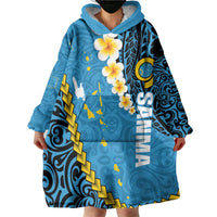 Sanma Province Wearable Blanket Hoodie Vanuatu Pattern Myna Bird - Plumeria Flag Color LT14 - Polynesian Pride