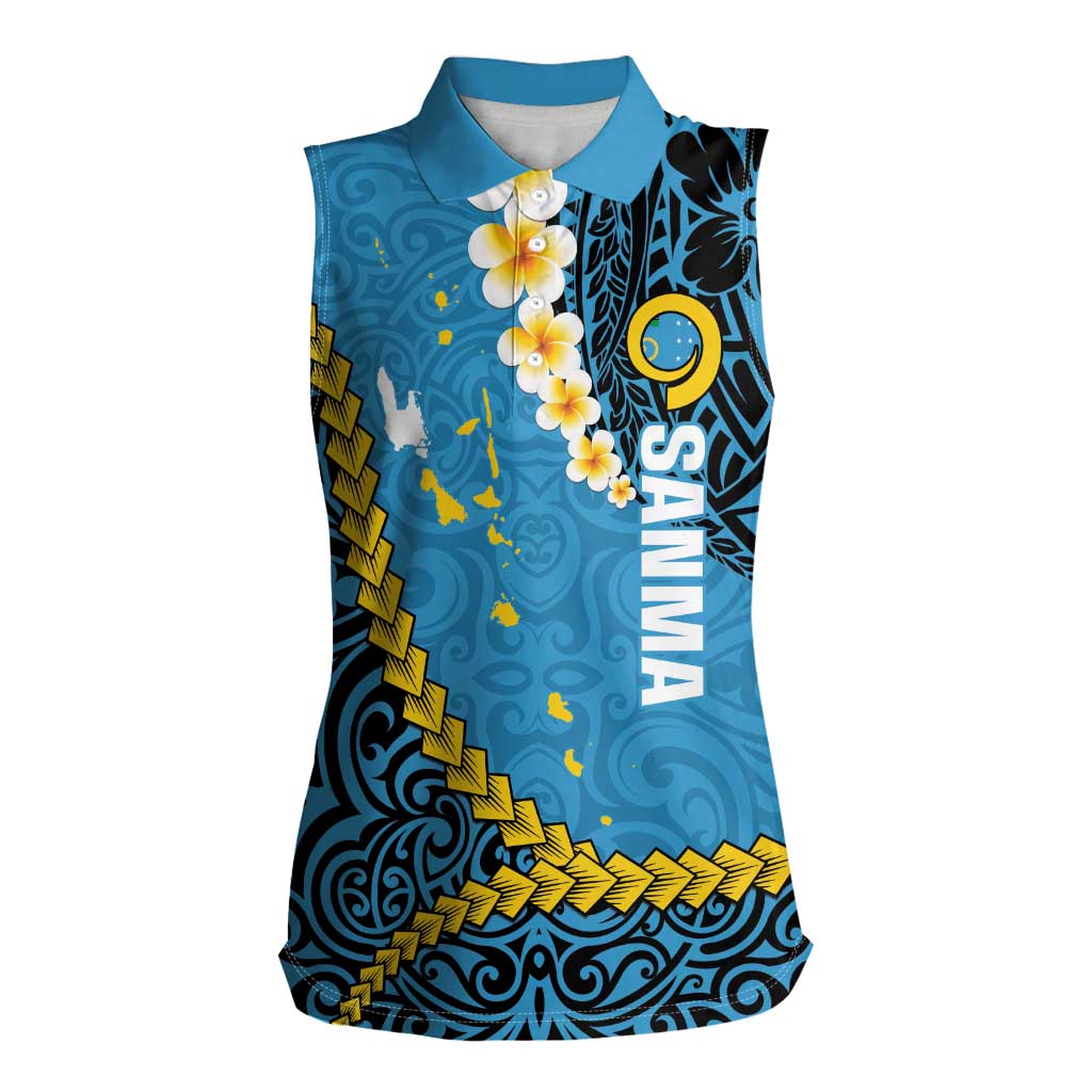 Sanma Province Women Sleeveless Polo Shirt Vanuatu Pattern Myna Bird - Plumeria Flag Color LT14 Female Blue - Polynesian Pride
