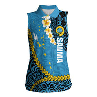 Sanma Province Women Sleeveless Polo Shirt Vanuatu Pattern Myna Bird - Plumeria Flag Color LT14 Female Blue - Polynesian Pride