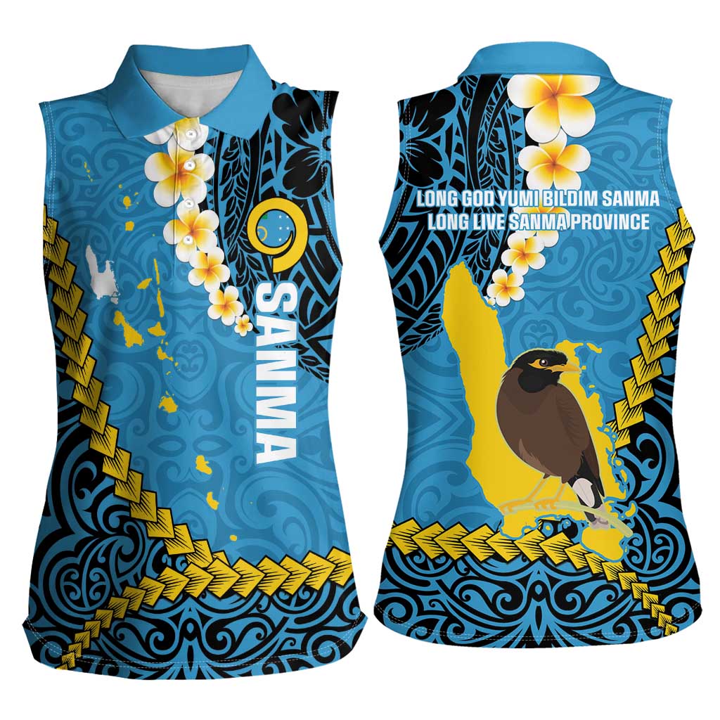 Sanma Province Women Sleeveless Polo Shirt Vanuatu Pattern Myna Bird - Plumeria Flag Color LT14 - Polynesian Pride