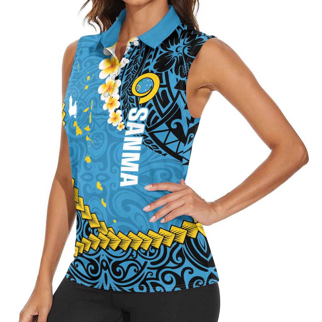 Sanma Province Women Sleeveless Polo Shirt Vanuatu Pattern Myna Bird - Plumeria Flag Color LT14 - Polynesian Pride