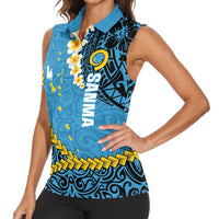 Sanma Province Women Sleeveless Polo Shirt Vanuatu Pattern Myna Bird - Plumeria Flag Color LT14 - Polynesian Pride