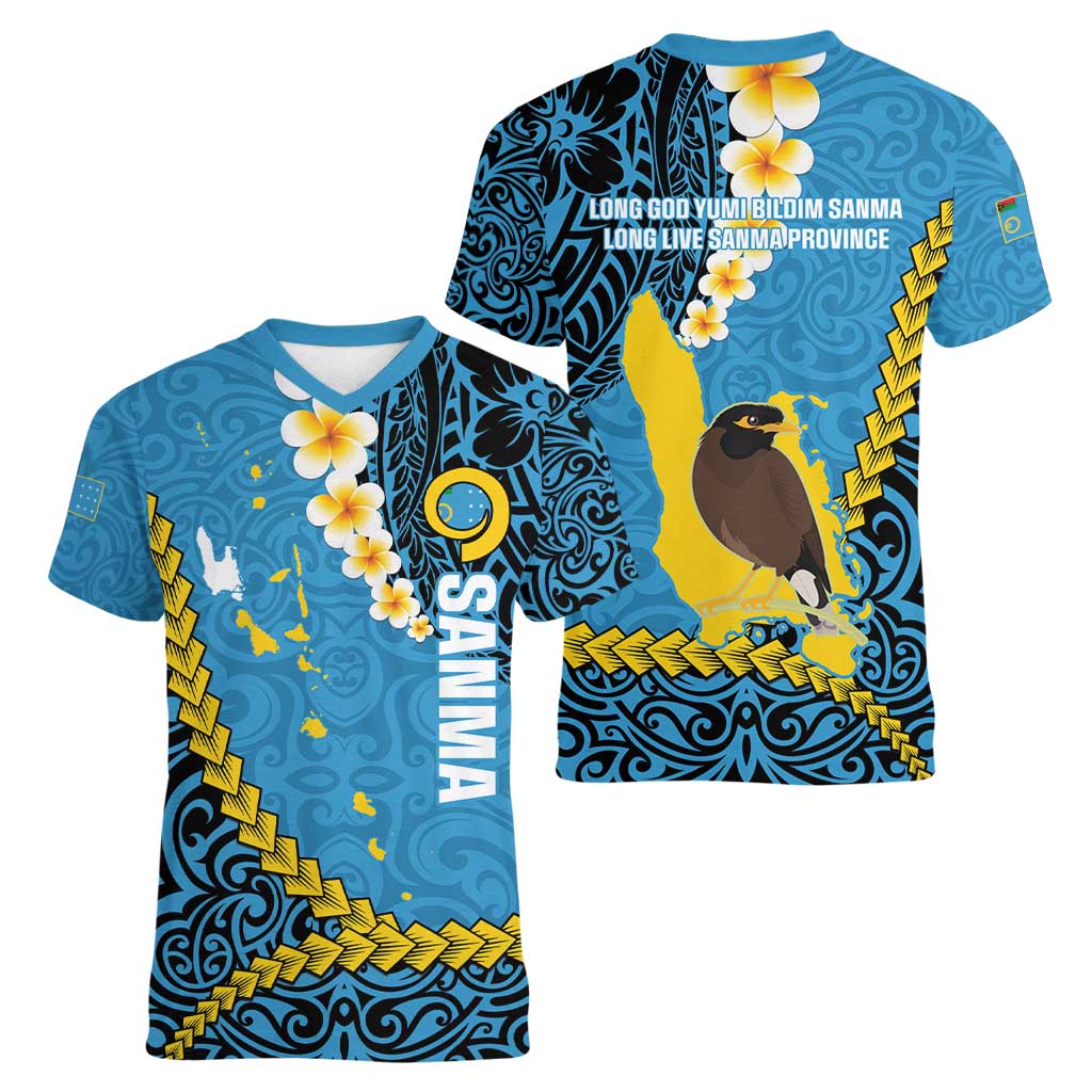 Sanma Province Women V-Neck T-Shirt Vanuatu Pattern Myna Bird - Plumeria Flag Color LT14 - Polynesian Pride