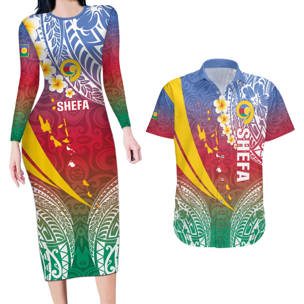 Shefa Province Couples Matching Long Sleeve Bodycon Dress and Hawaiian Shirt Vanuatu Pattern Map - Plumeria Flag Color LT14 Red - Polynesian Pride