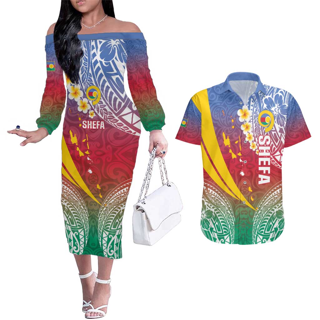 Shefa Province Couples Matching Off The Shoulder Long Sleeve Dress and Hawaiian Shirt Vanuatu Pattern Map - Plumeria Flag Color LT14 Red - Polynesian Pride