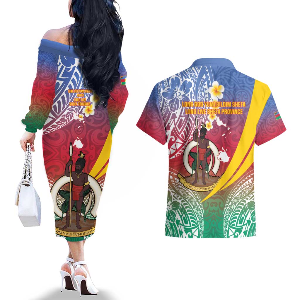 Shefa Province Couples Matching Off The Shoulder Long Sleeve Dress and Hawaiian Shirt Vanuatu Pattern Map - Plumeria Flag Color LT14 - Polynesian Pride