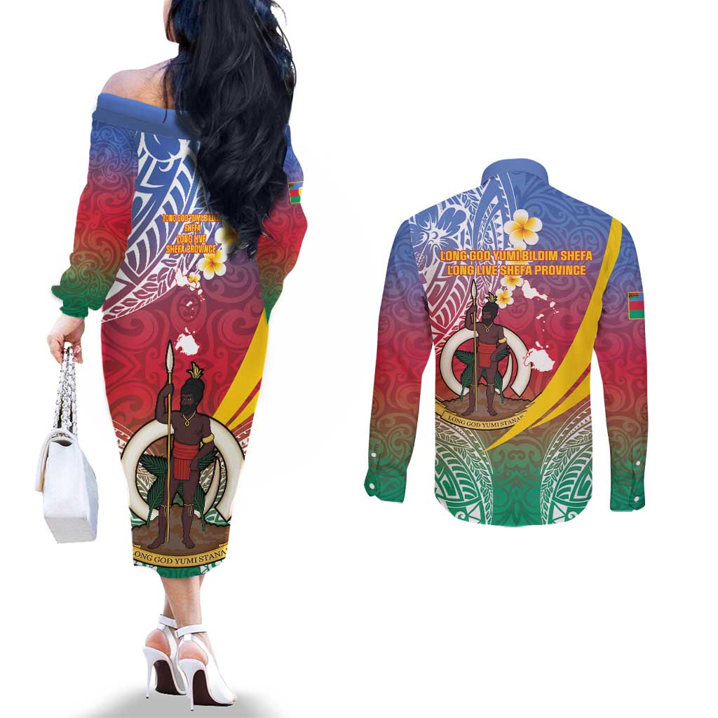 Shefa Province Couples Matching Off The Shoulder Long Sleeve Dress and Long Sleeve Button Shirt Vanuatu Pattern Map - Plumeria Flag Color