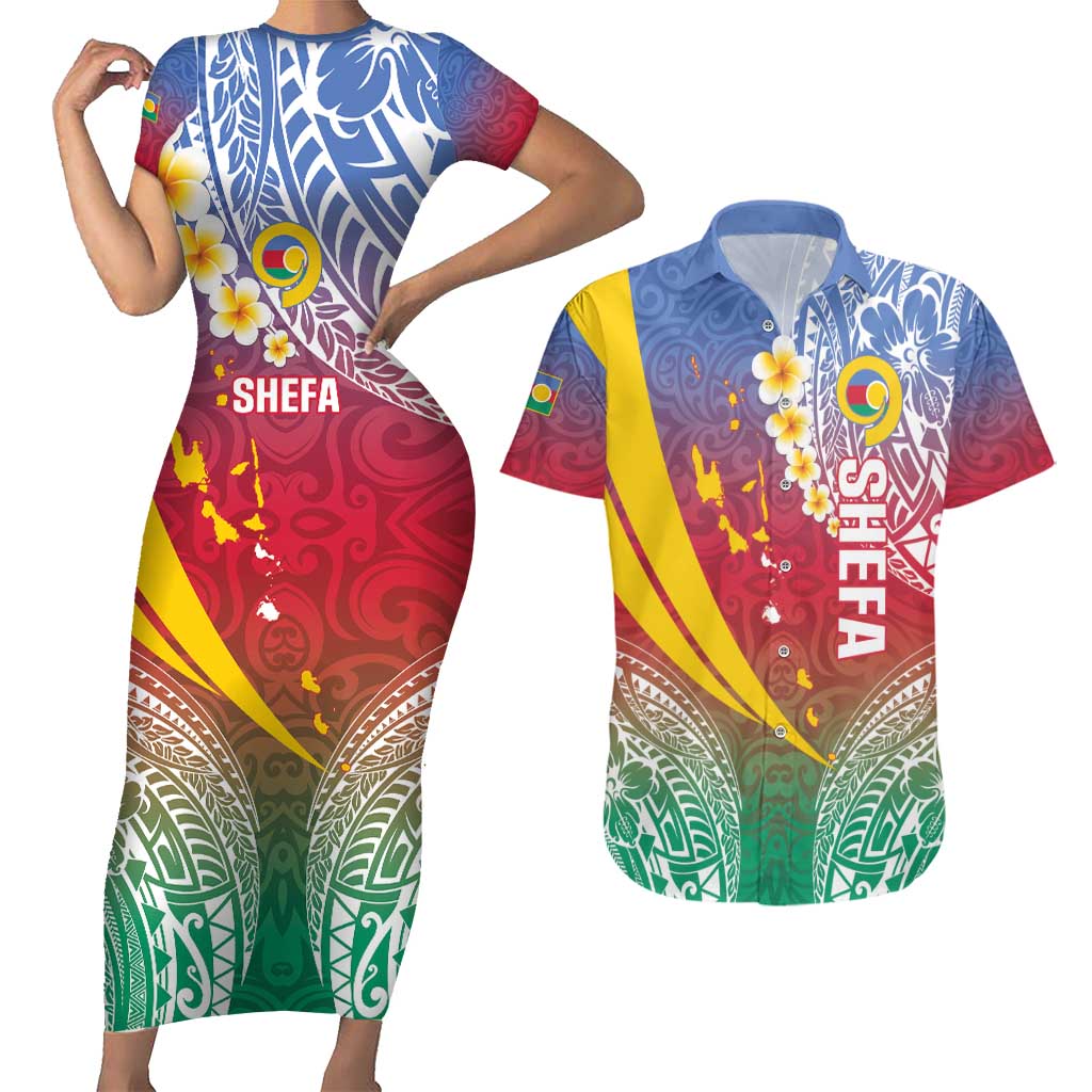 Shefa Province Couples Matching Short Sleeve Bodycon Dress and Hawaiian Shirt Vanuatu Pattern Map - Plumeria Flag Color LT14 Red - Polynesian Pride
