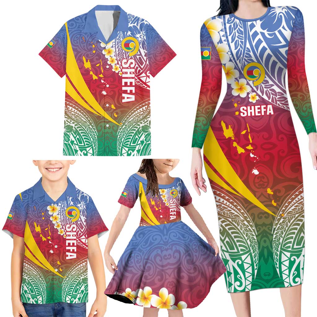 Shefa Province Family Matching Long Sleeve Bodycon Dress and Hawaiian Shirt Vanuatu Pattern Map - Plumeria Flag Color LT14 - Polynesian Pride