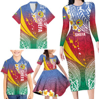 Shefa Province Family Matching Long Sleeve Bodycon Dress and Hawaiian Shirt Vanuatu Pattern Map - Plumeria Flag Color LT14 - Polynesian Pride
