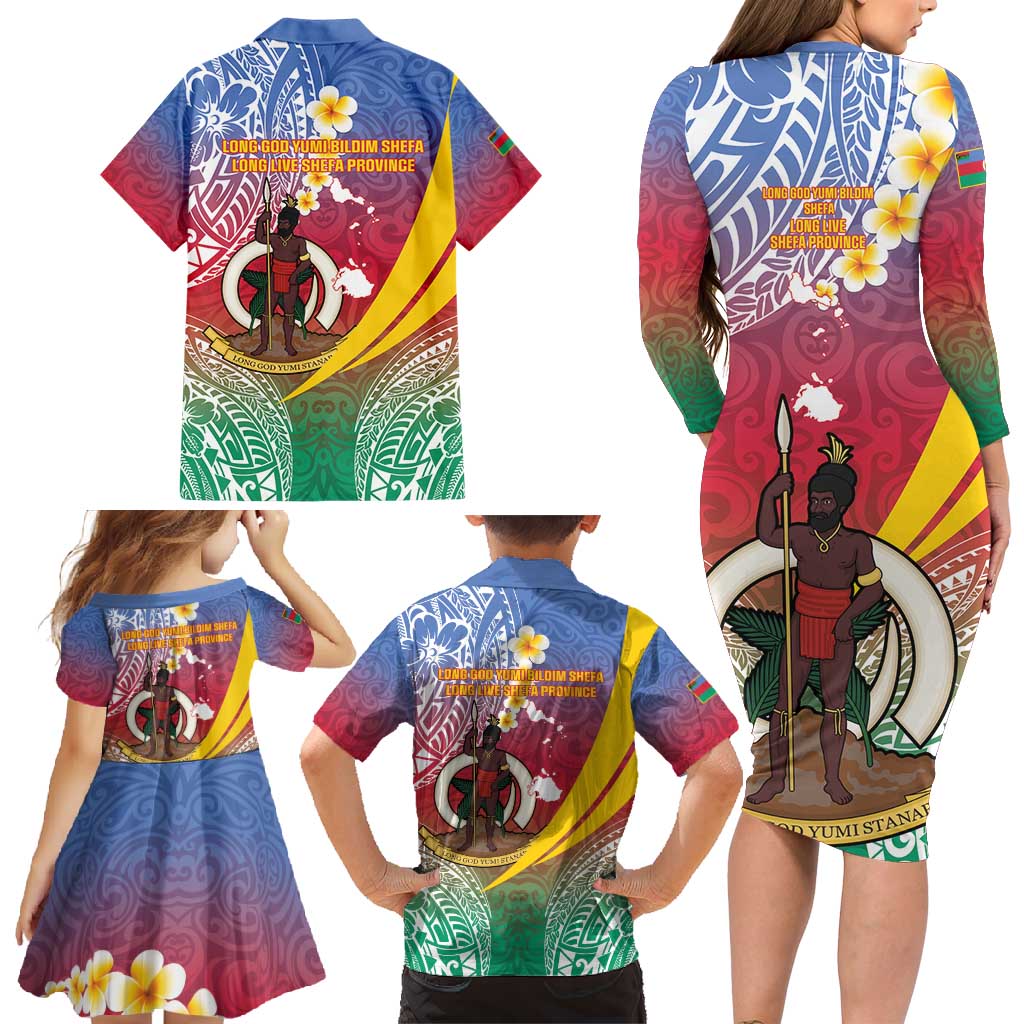 Shefa Province Family Matching Long Sleeve Bodycon Dress and Hawaiian Shirt Vanuatu Pattern Map - Plumeria Flag Color LT14 - Polynesian Pride