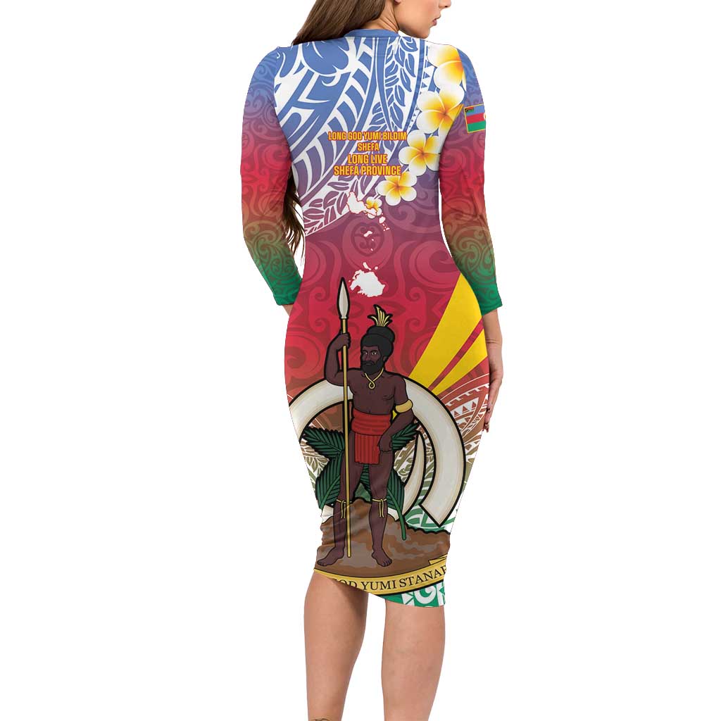 Shefa Province Family Matching Long Sleeve Bodycon Dress and Hawaiian Shirt Vanuatu Pattern Map - Plumeria Flag Color LT14 - Polynesian Pride