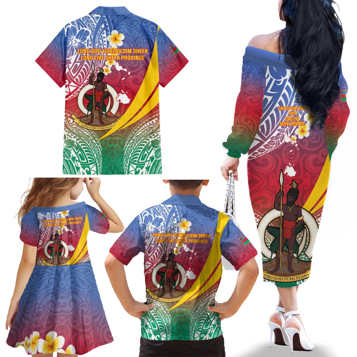 Shefa Province Family Matching Off The Shoulder Long Sleeve Dress and Hawaiian Shirt Vanuatu Pattern Map - Plumeria Flag Color LT14 - Polynesian Pride