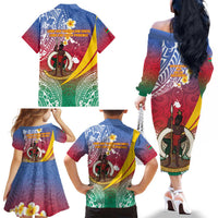 Shefa Province Family Matching Off The Shoulder Long Sleeve Dress and Hawaiian Shirt Vanuatu Pattern Map - Plumeria Flag Color LT14 - Polynesian Pride