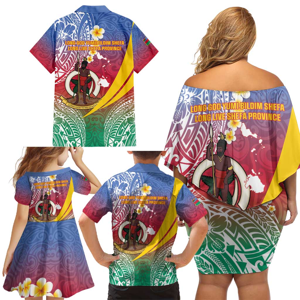 Shefa Province Family Matching Off Shoulder Short Dress and Hawaiian Shirt Vanuatu Pattern Map - Plumeria Flag Color LT14 - Polynesian Pride