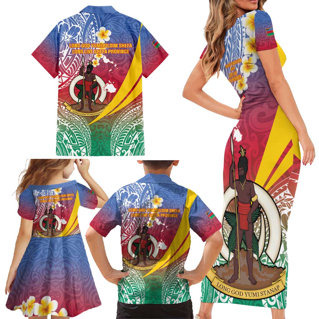 Shefa Province Family Matching Short Sleeve Bodycon Dress and Hawaiian Shirt Vanuatu Pattern Map - Plumeria Flag Color LT14 - Polynesian Pride