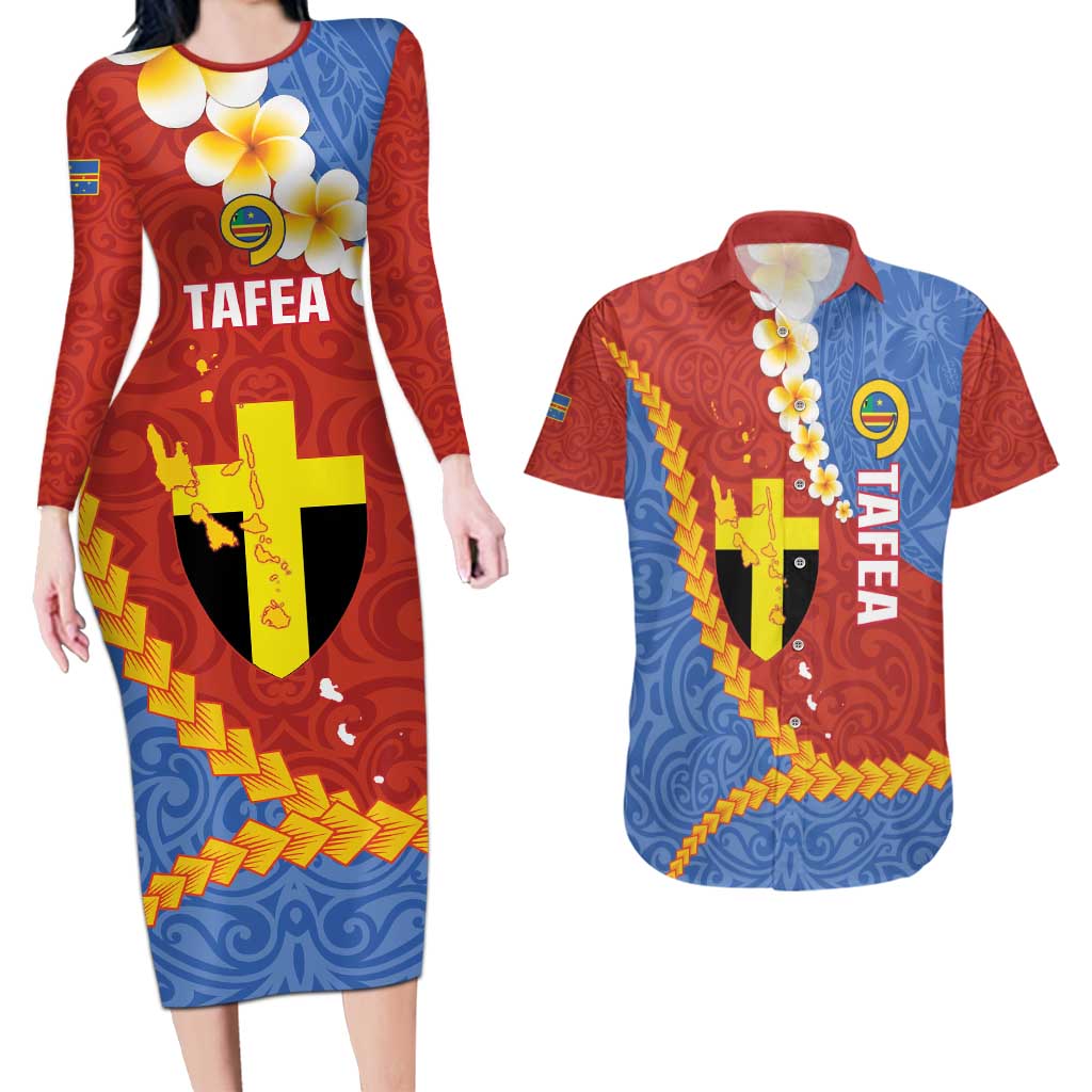 Tafea Province Couples Matching Long Sleeve Bodycon Dress and Hawaiian Shirt Vanuatu Pattern Map - Plumeria Flag Color LT14 Red - Polynesian Pride