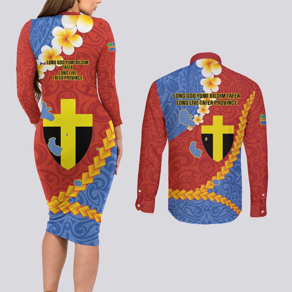 Tafea Province Couples Matching Long Sleeve Bodycon Dress and Long Sleeve Button Shirt Vanuatu Pattern Map - Plumeria Flag Color LT14 - Polynesian Pride