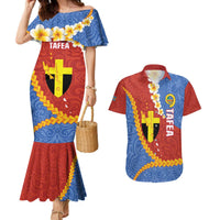 Tafea Province Couples Matching Mermaid Dress and Hawaiian Shirt Vanuatu Pattern Map - Plumeria Flag Color LT14 Red - Polynesian Pride