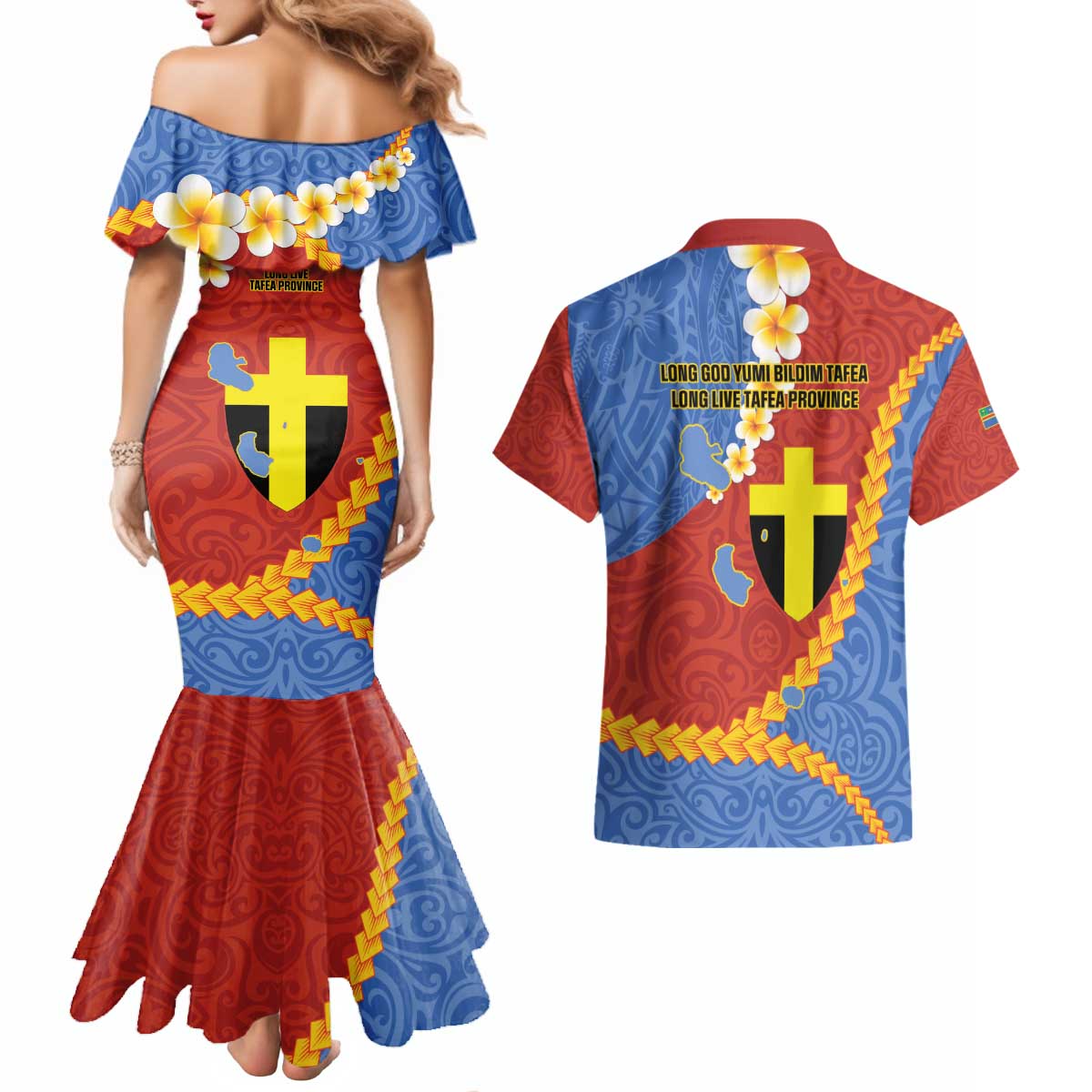 Tafea Province Couples Matching Mermaid Dress and Hawaiian Shirt Vanuatu Pattern Map - Plumeria Flag Color LT14 - Polynesian Pride