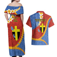 Tafea Province Couples Matching Off Shoulder Maxi Dress and Hawaiian Shirt Vanuatu Pattern Map - Plumeria Flag Color LT14 - Polynesian Pride