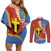 Tafea Province Couples Matching Off Shoulder Short Dress and Long Sleeve Button Shirt Vanuatu Pattern Map - Plumeria Flag Color