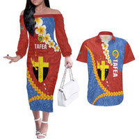 Tafea Province Couples Matching Off The Shoulder Long Sleeve Dress and Hawaiian Shirt Vanuatu Pattern Map - Plumeria Flag Color LT14 Red - Polynesian Pride