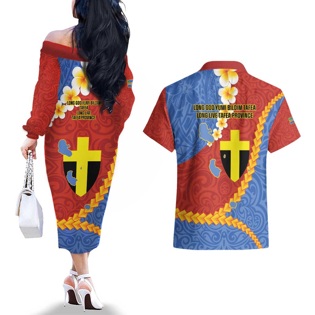 Tafea Province Couples Matching Off The Shoulder Long Sleeve Dress and Hawaiian Shirt Vanuatu Pattern Map - Plumeria Flag Color LT14 - Polynesian Pride