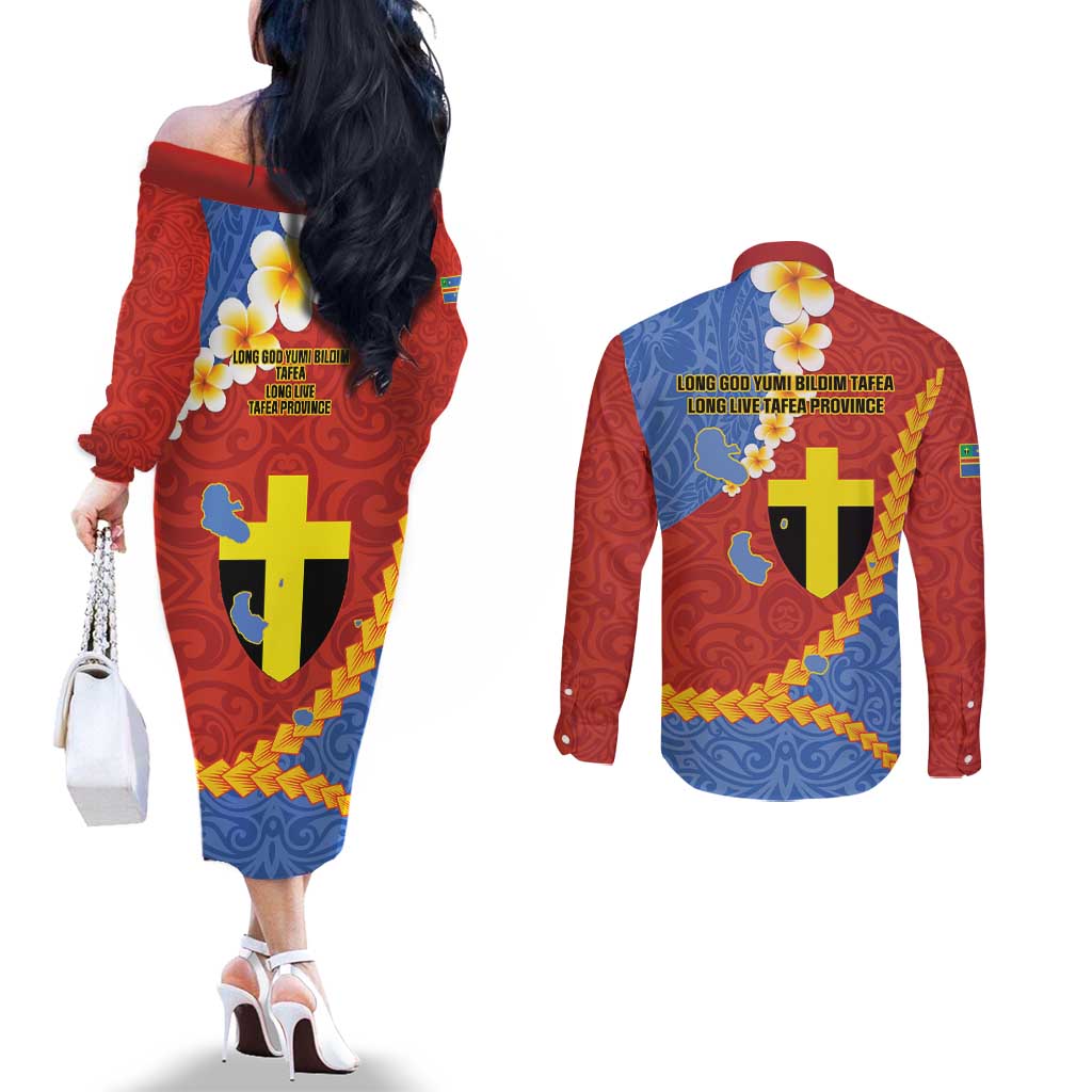 Tafea Province Couples Matching Off The Shoulder Long Sleeve Dress and Long Sleeve Button Shirt Vanuatu Pattern Map - Plumeria Flag Color LT14 - Polynesian Pride