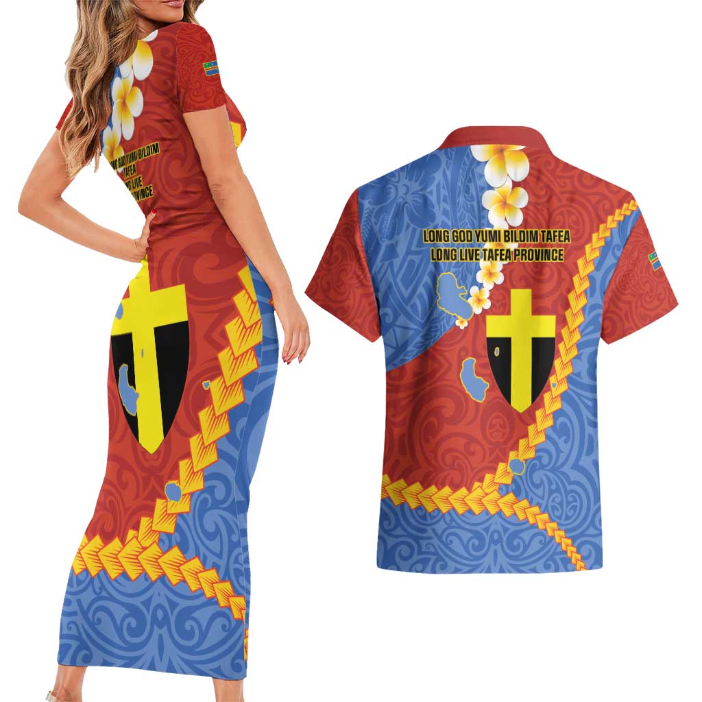 Tafea Province Couples Matching Short Sleeve Bodycon Dress and Hawaiian Shirt Vanuatu Pattern Map - Plumeria Flag Color LT14 - Polynesian Pride