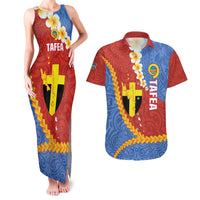 Tafea Province Couples Matching Tank Maxi Dress and Hawaiian Shirt Vanuatu Pattern Map - Plumeria Flag Color LT14 Red - Polynesian Pride
