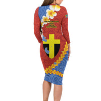 Tafea Province Family Matching Long Sleeve Bodycon Dress and Hawaiian Shirt Vanuatu Pattern Map - Plumeria Flag Color LT14 - Polynesian Pride