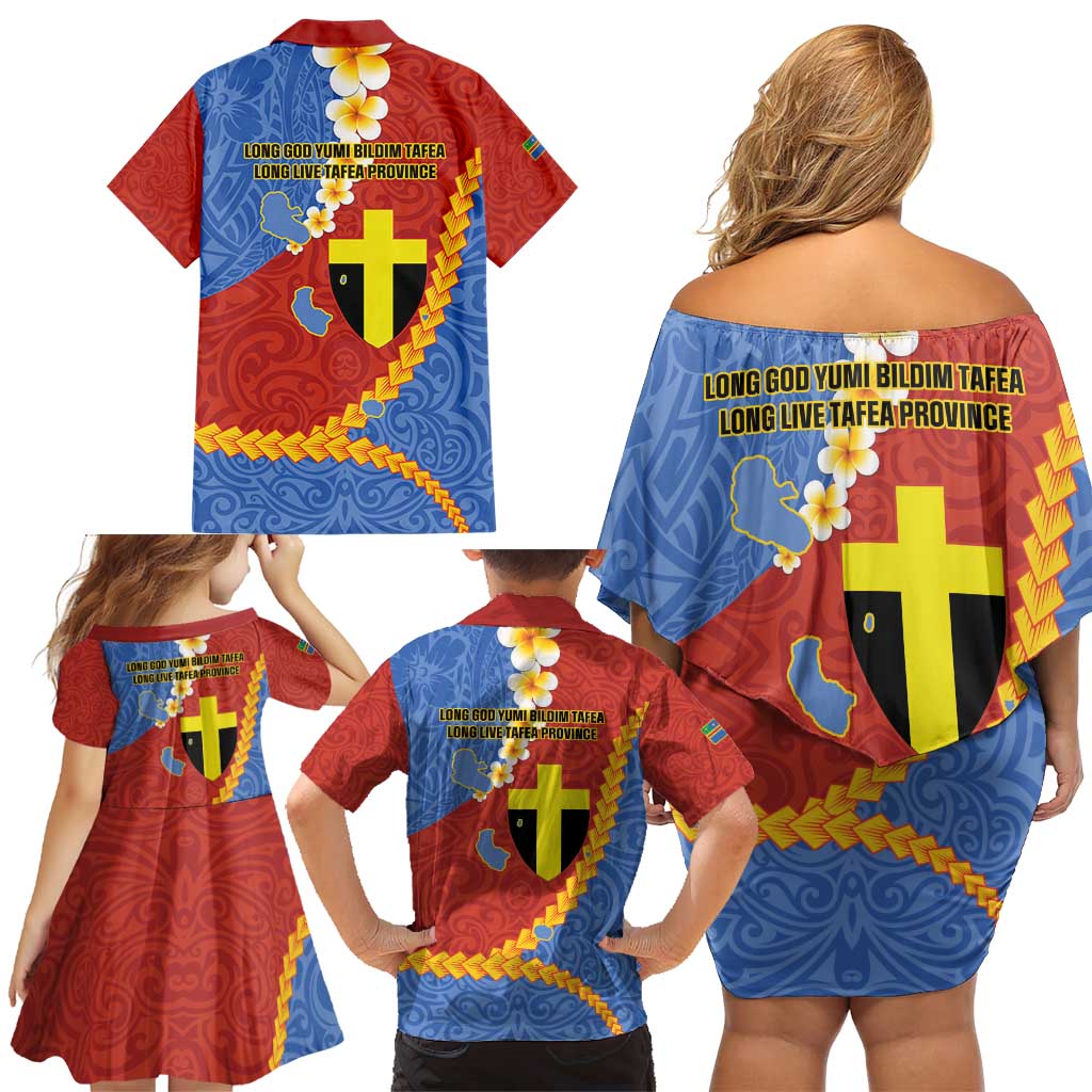 Tafea Province Family Matching Off Shoulder Short Dress and Hawaiian Shirt Vanuatu Pattern Map - Plumeria Flag Color LT14 - Polynesian Pride