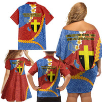 Tafea Province Family Matching Off Shoulder Short Dress and Hawaiian Shirt Vanuatu Pattern Map - Plumeria Flag Color LT14 - Polynesian Pride