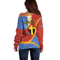 Tafea Province Off Shoulder Sweater Vanuatu Pattern Map - Plumeria Flag Color