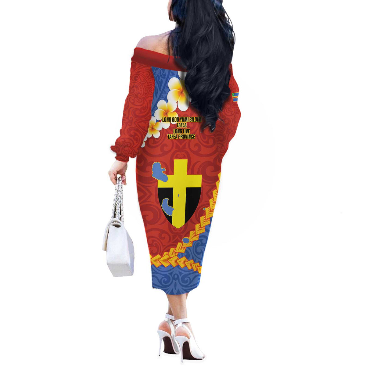Tafea Province Off The Shoulder Long Sleeve Dress Vanuatu Pattern Map - Plumeria Flag Color