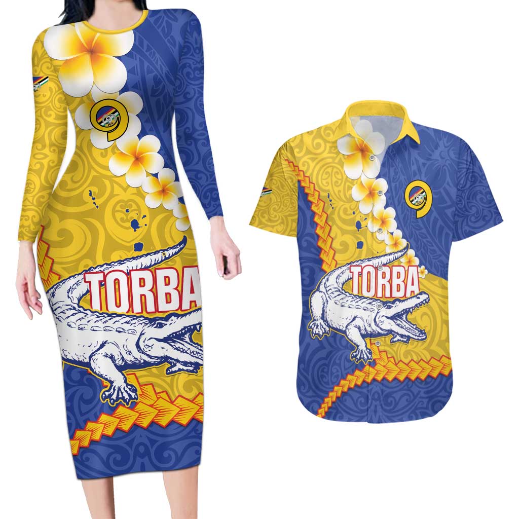 Torba Province Couples Matching Long Sleeve Bodycon Dress and Hawaiian Shirt Vanuatu Pattern Crocodile - Plumeria Flag Color LT14 Yellow - Polynesian Pride