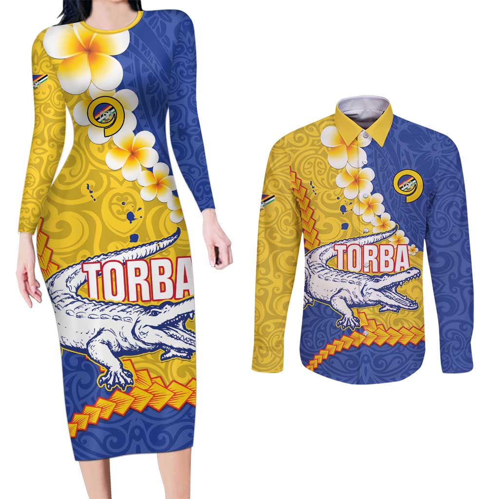 Torba Province Couples Matching Long Sleeve Bodycon Dress and Long Sleeve Button Shirt Vanuatu Pattern Crocodile - Plumeria Flag Color LT14 Yellow - Polynesian Pride