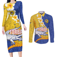 Torba Province Couples Matching Long Sleeve Bodycon Dress and Long Sleeve Button Shirt Vanuatu Pattern Crocodile - Plumeria Flag Color LT14 Yellow - Polynesian Pride