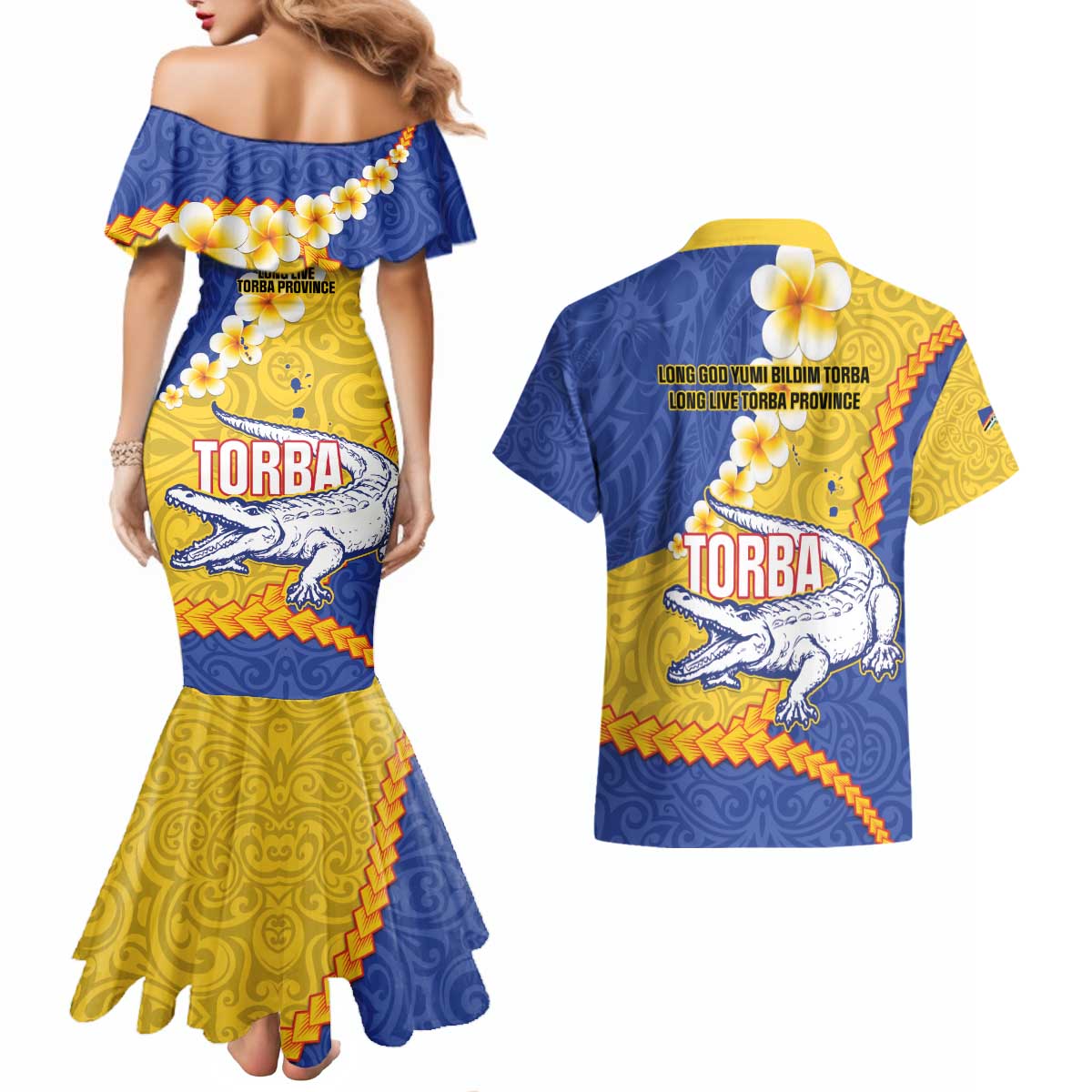 Torba Province Couples Matching Mermaid Dress and Hawaiian Shirt Vanuatu Pattern Crocodile - Plumeria Flag Color LT14 - Polynesian Pride