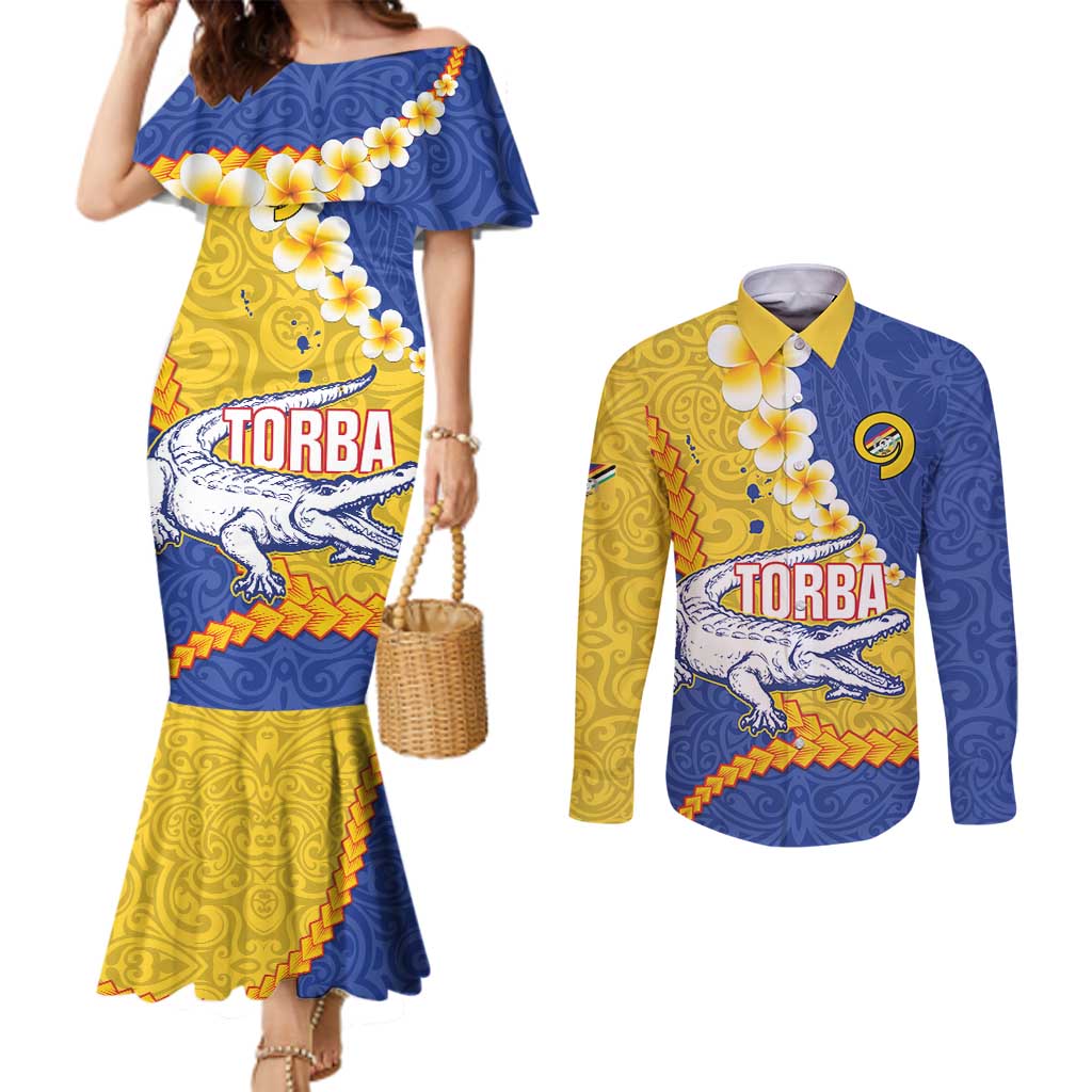 Torba Province Couples Matching Mermaid Dress and Long Sleeve Button Shirt Vanuatu Pattern Crocodile - Plumeria Flag Color LT14 Yellow - Polynesian Pride