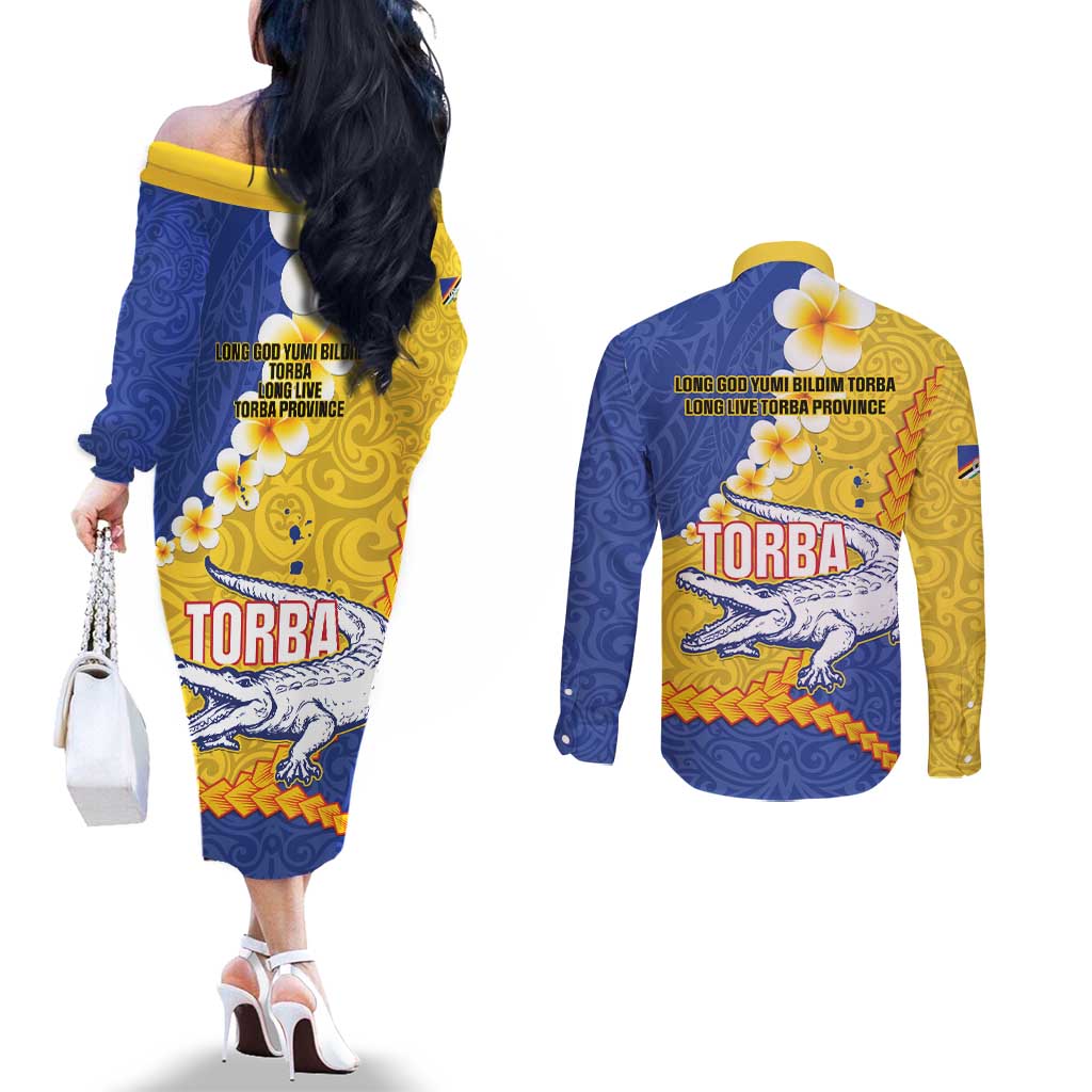 Torba Province Couples Matching Off The Shoulder Long Sleeve Dress and Long Sleeve Button Shirt Vanuatu Pattern Crocodile - Plumeria Flag Color LT14 - Polynesian Pride