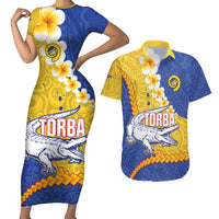 Torba Province Couples Matching Short Sleeve Bodycon Dress and Hawaiian Shirt Vanuatu Pattern Crocodile - Plumeria Flag Color LT14 Yellow - Polynesian Pride