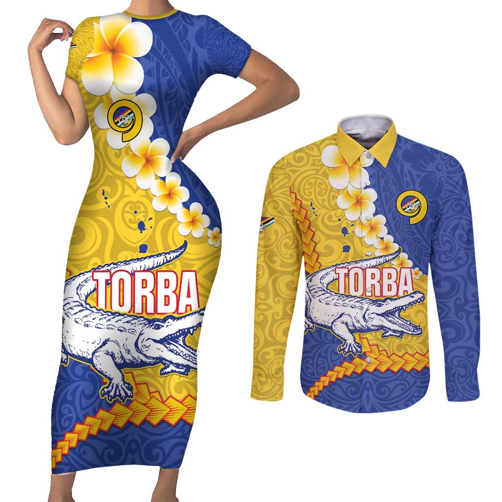 Torba Province Couples Matching Short Sleeve Bodycon Dress and Long Sleeve Button Shirt Vanuatu Pattern Crocodile - Plumeria Flag Color LT14 Yellow - Polynesian Pride