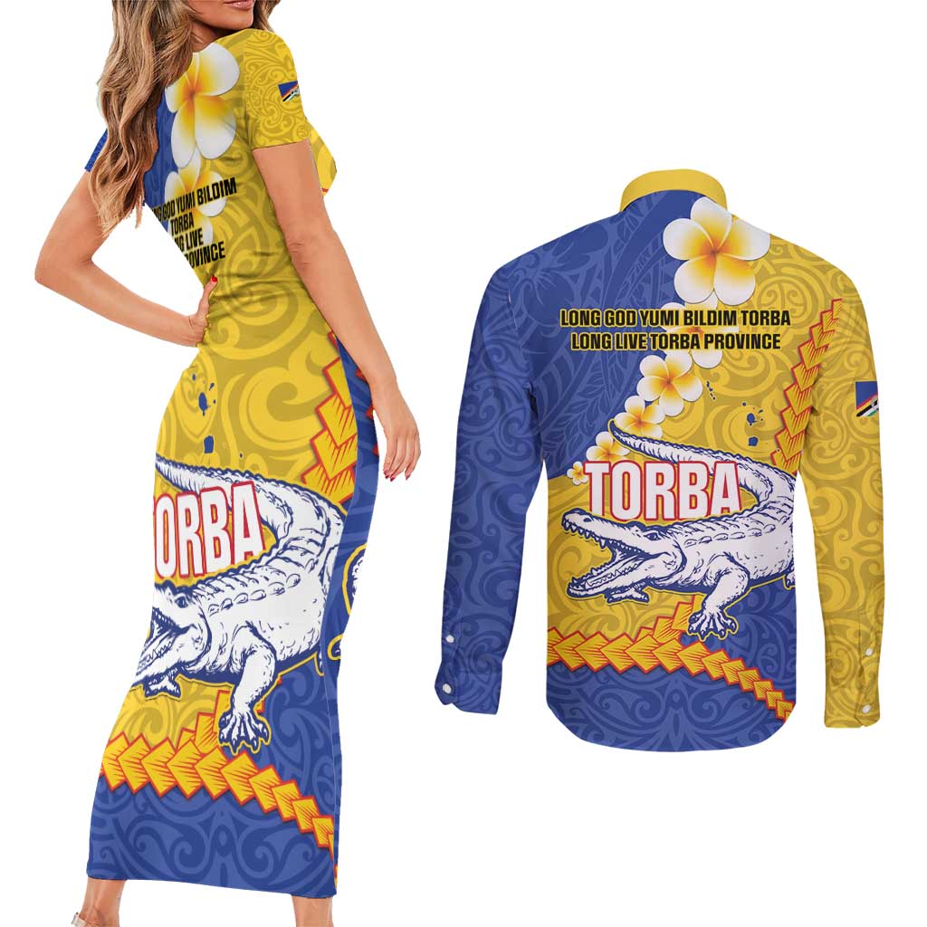 Torba Province Couples Matching Short Sleeve Bodycon Dress and Long Sleeve Button Shirt Vanuatu Pattern Crocodile - Plumeria Flag Color LT14 - Polynesian Pride